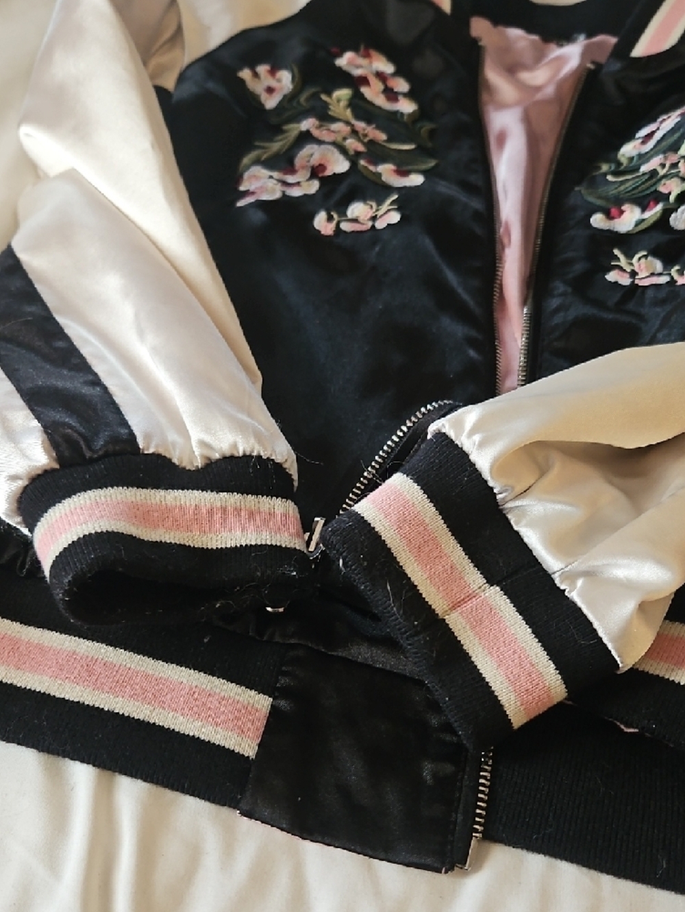 Floral Embroidered Black Satin Bomber Jacket with Pink Accents/ Reversable - Picture 5 of 10